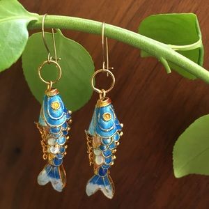 Blue Cloisonné Articulating Fish Earrings